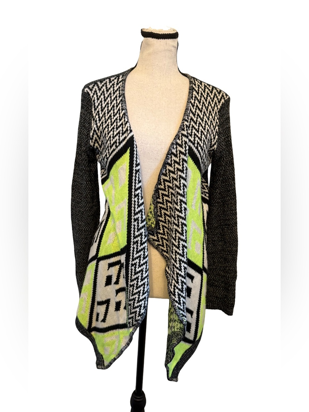 Body Central Black White Lime Green Open Front Cardigan Sweater M
